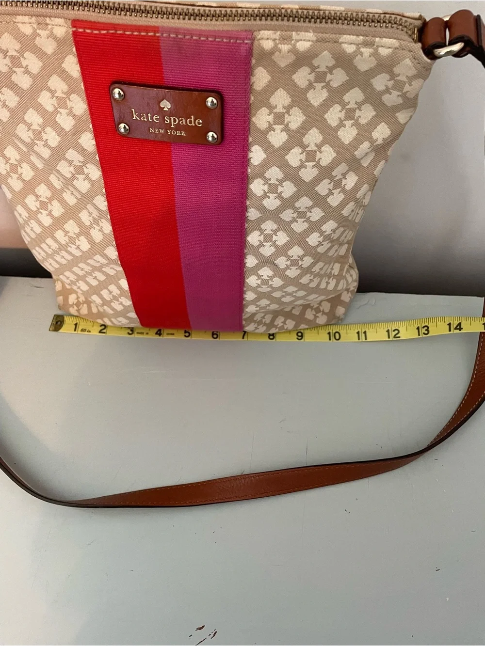 Kate Spade Beige Crossbody with Pink and Red Center Stripe